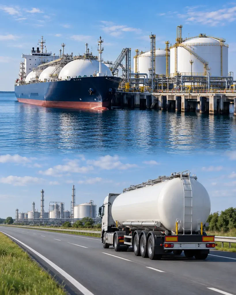 Grafika Import gazu LPG stakiem i samochodem ciężarowym