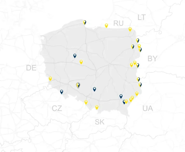 Mapa Polski z pinezkami oddziałów PKS International Cargo