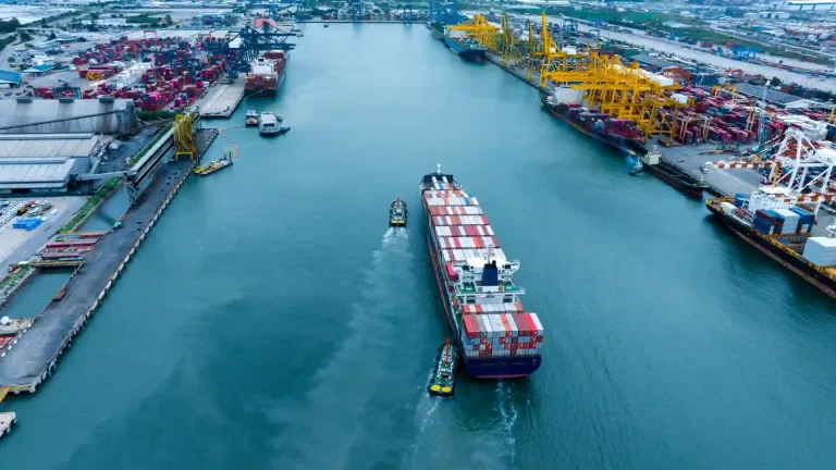 Kontenerowiec wpływający do portu – obsługa celna w transporcie morskim